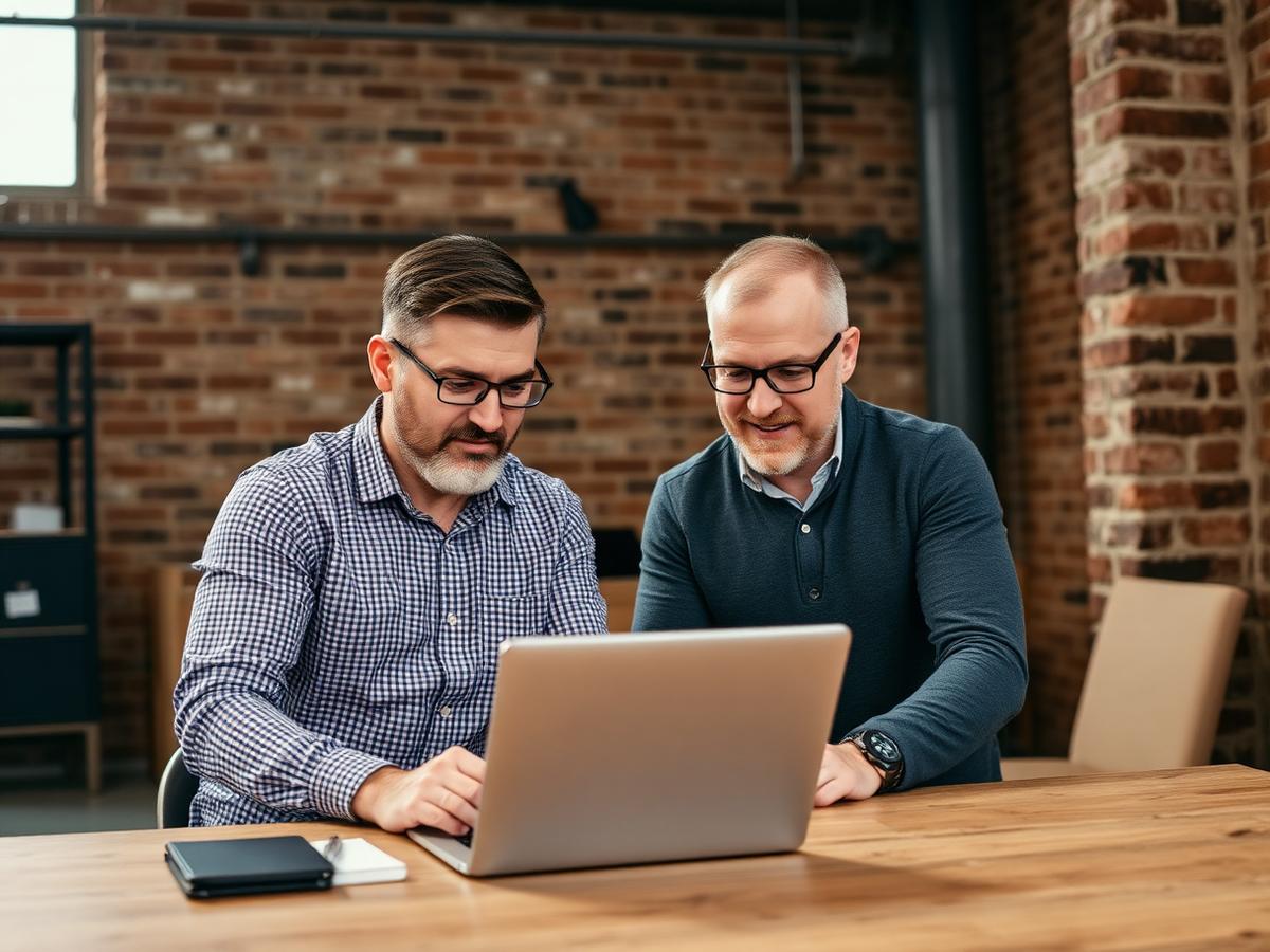 Two agency principals reviewing production data on a laptop