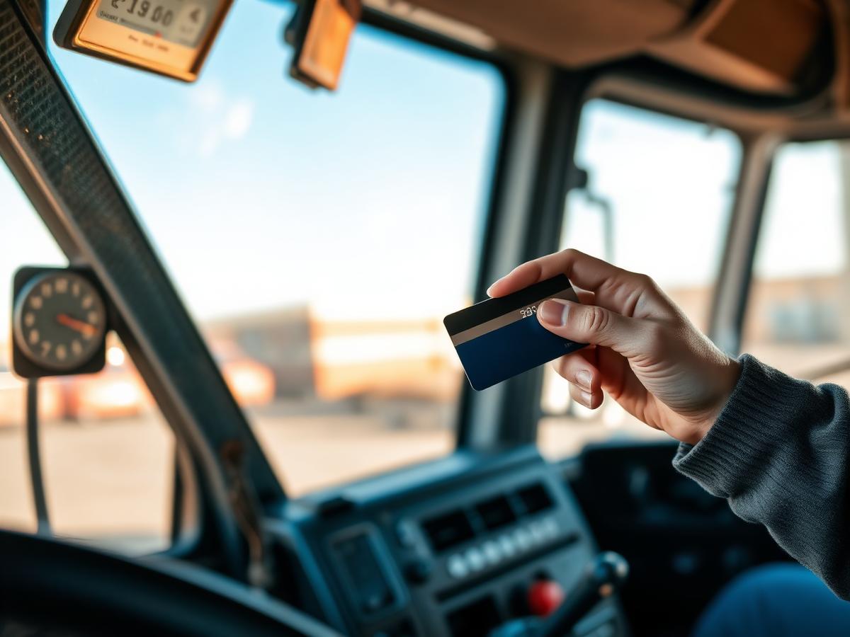 Driver holding a payment card inside a truck cab