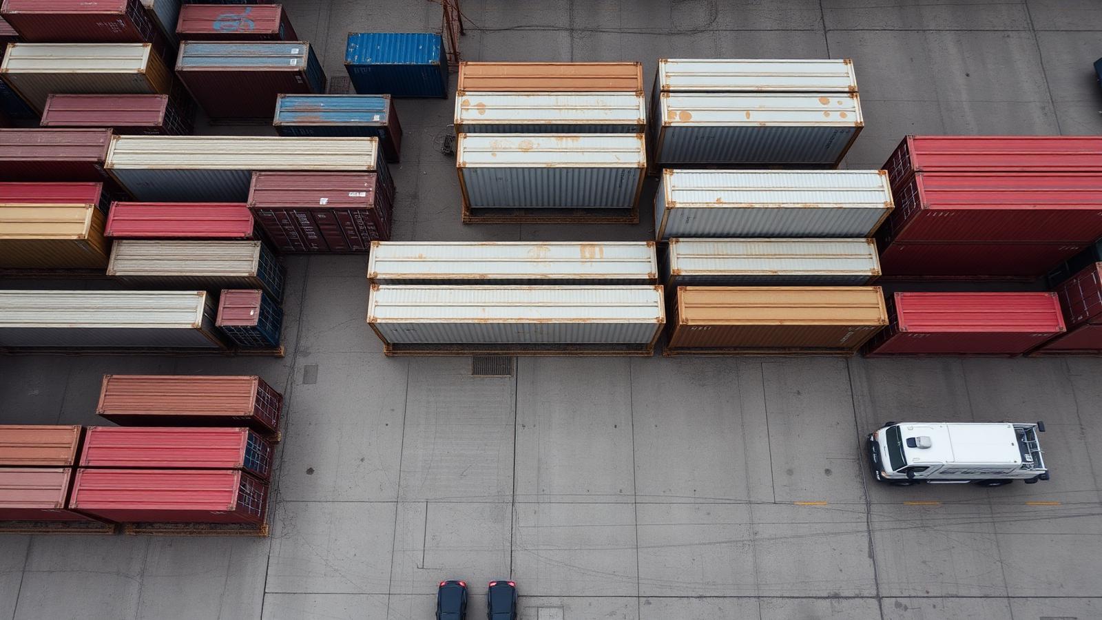 Aerial view of stacked shipping containers in a cargo yard