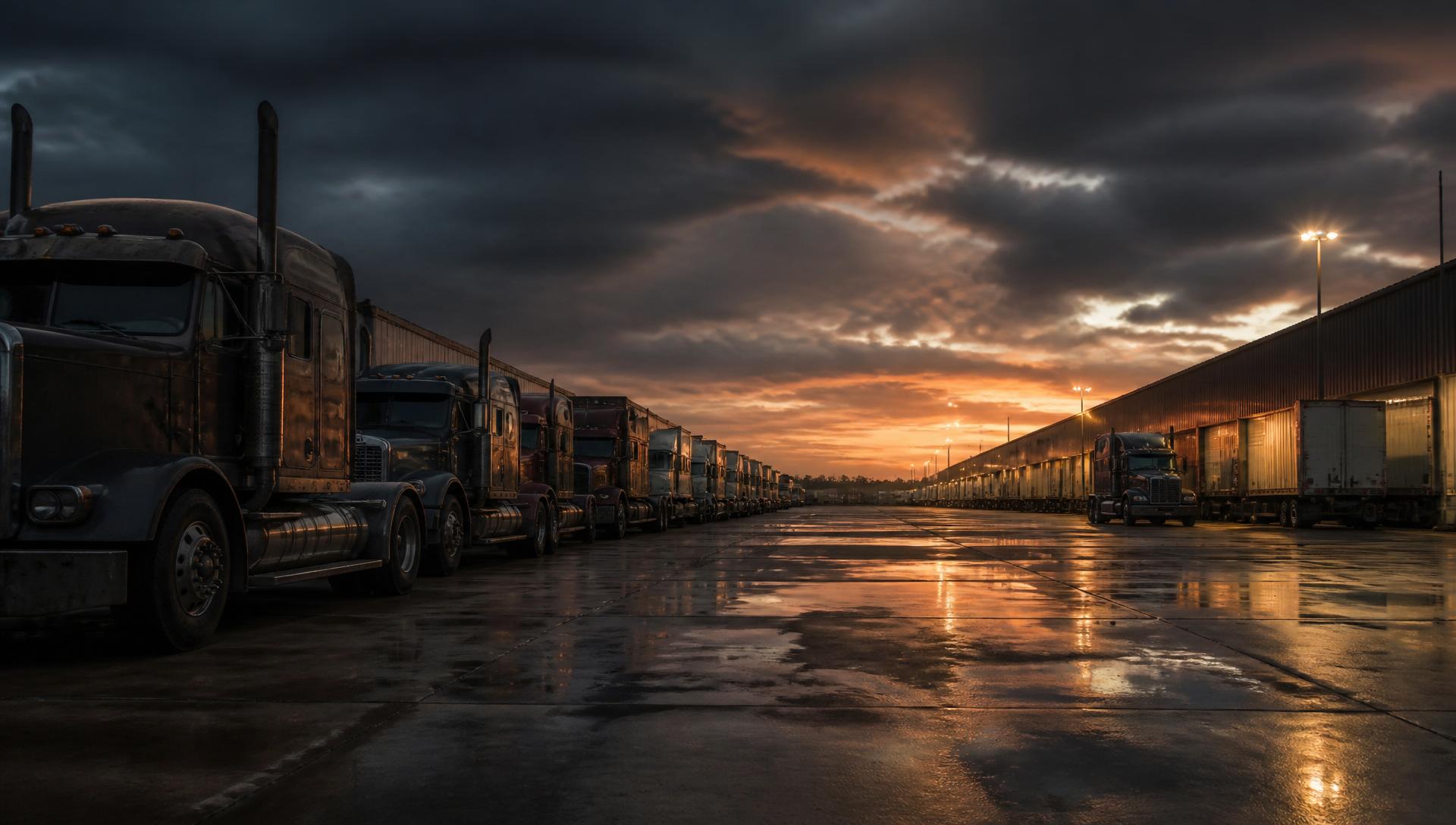 Line of semi trucks parked at a freight terminal at dusk